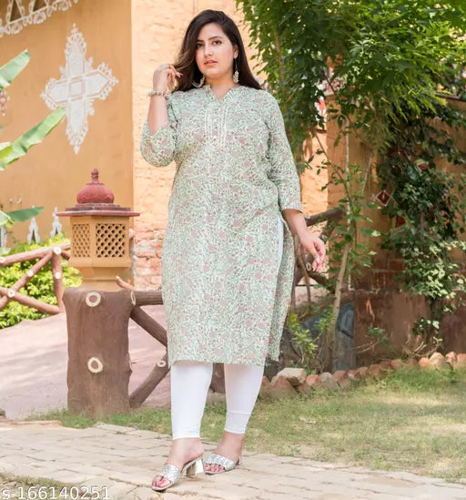 Swasti Women Plus Size Printed Floral Print Pure Cotton Straight Kurti (Green)