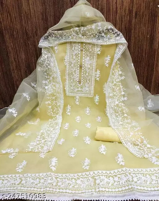 ORGANZA SILK BARFI WITH EMBROIDERED DOUBLE MULTI WORK DRESS MATERIAL SUIT FOR WOMEN