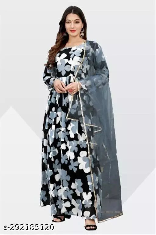 QVAZOR Stylish Fancy Trendy Printed Georgette Gown For Women For Party Wedding Festival Functions