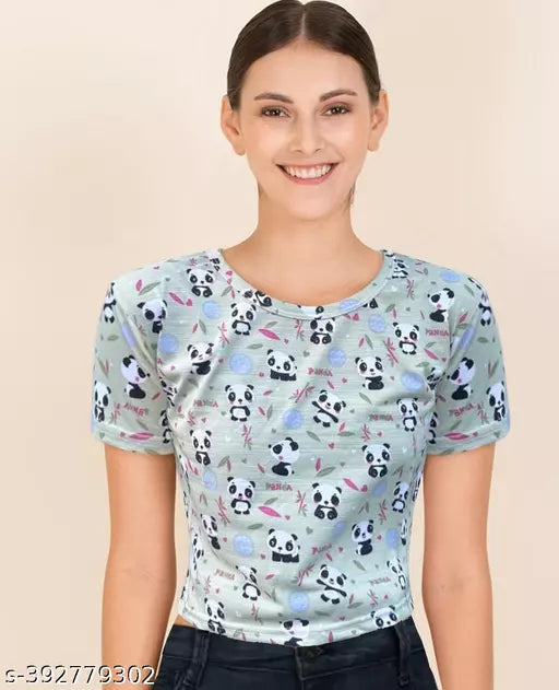 Trendy Feminine Printed Crop Tshirt Round Neck Top For Womens