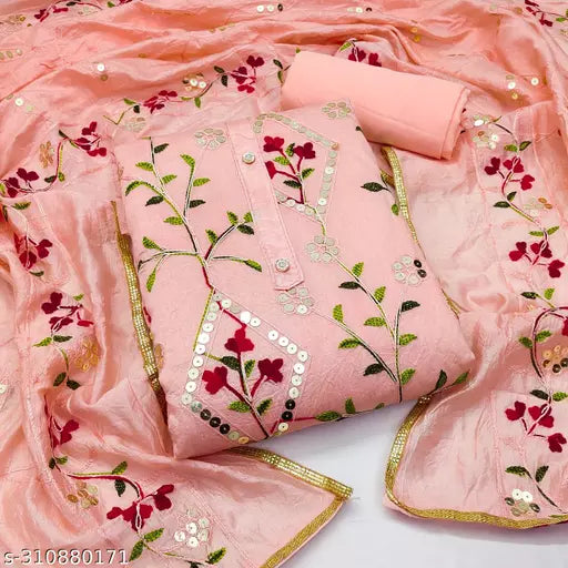 Womens Peach Fancy Chanderi Cotton Unstiched Suits Multi Work Sequence Embroidered Salwar suits & Dress Materials