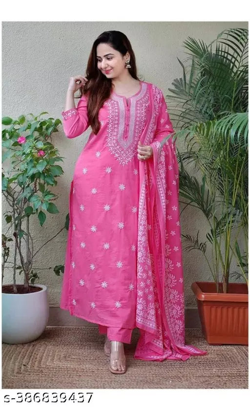 Women's Rayon Embroidery With Print Kurti Pant And Dupatta