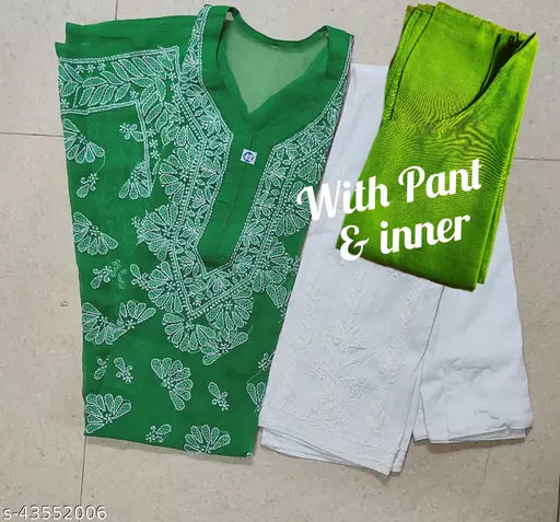 Handwork Chikankari Butterfly Chiffon kurti set+pant+inner