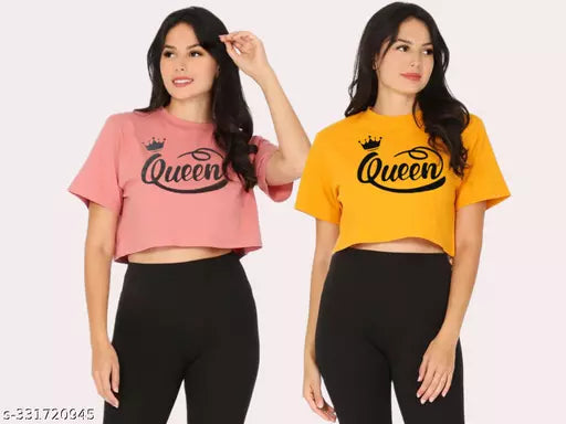 Trendy Feminine Printed Crop Tshirt Round Neck Top For Womens(Pack Of 2)