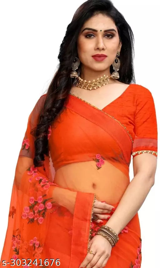 Bollywood Celebrity inspired Explore net saree With beautifull Embroidered all over moti work Orange colours
