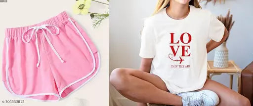 Vivient Women Pink Shorts and White Love Printed T-Shirt Combo