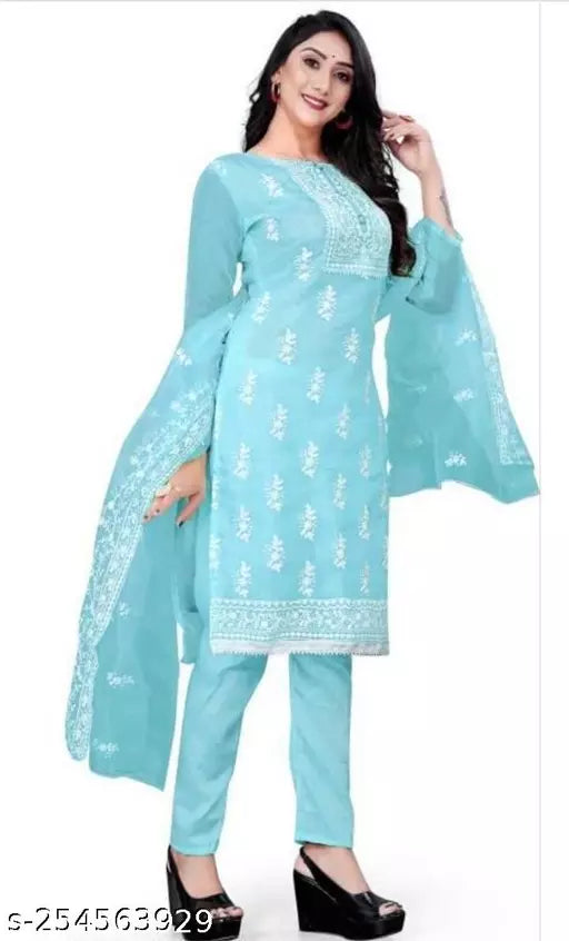 WOMEN'S FLORAL AQUA BLUE COLOUR NEW ARRIVAL ORGANZA SUIT WITH EMBROIDERED DOUBLE MULTI WORK DRESS MATERIAL SUIT