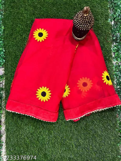 Under 399 Designer Printed Embroidered Sunflower Net Sarees Red Colours Daily Wear Sarees