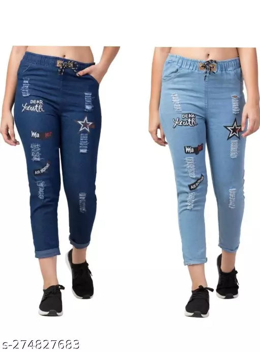 Women star print + dark blue jeans combo