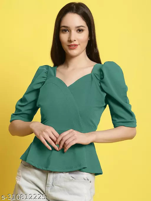 Sweetheart Neck Puff Sleeves Peplum Top (Women Top | Women Tops | Top)