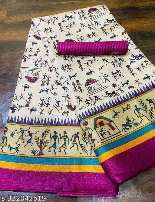 WARLI PRINTED KHADI SILK BLENDED LIGHT WEIGHT COMFERTABLE WEAR DESIGNER SAREE WITH BLOUSE