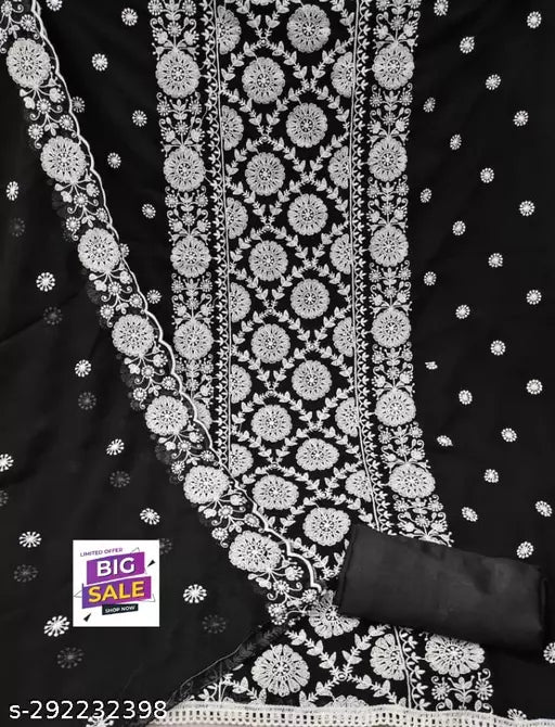 New Hit Fancy Embroidered Double Layer Thread work Unstiched Salwar Suits & dress Materials Black Colour