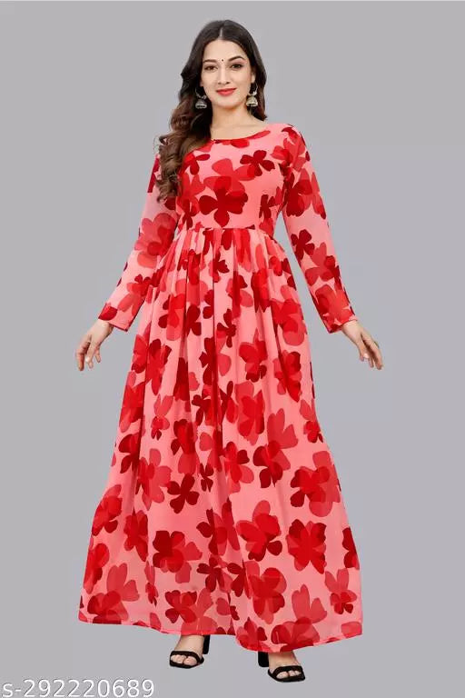 QVAZOR Stylish Fancy Trendy Printed Georgette Gown For Women For Party Wedding Festival Functions