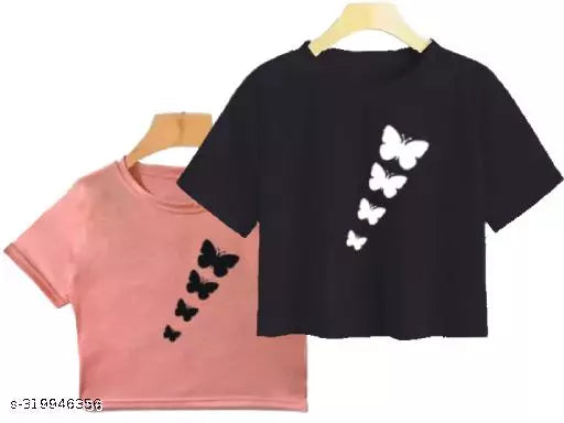 Trendy Feminine Printed Crop Tshirt Round Neck Top For Womens (Combo2)