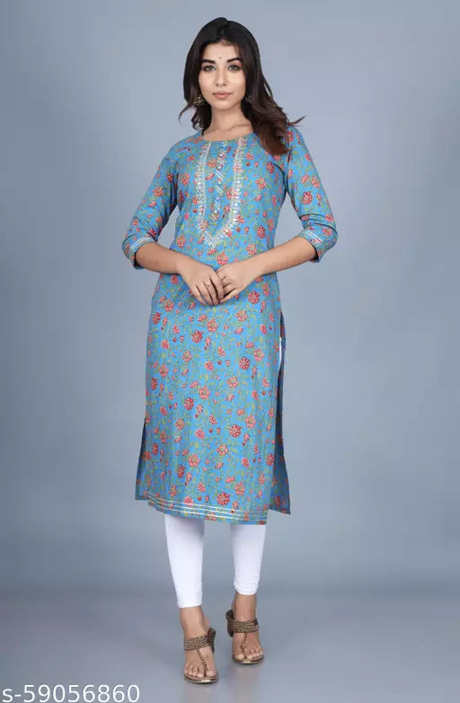 Swasti Women Floral Print Printed Pure Cotton Straight Kurta (Light Blue)