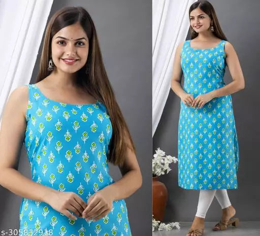 Women's Rayon Printed Sleeveless Kurti/half Sleveless/kurti/Printed Straight Fit Sleeveless Kurti / Sleeveless Kurta / Cut Piece Kurta/Kurti
