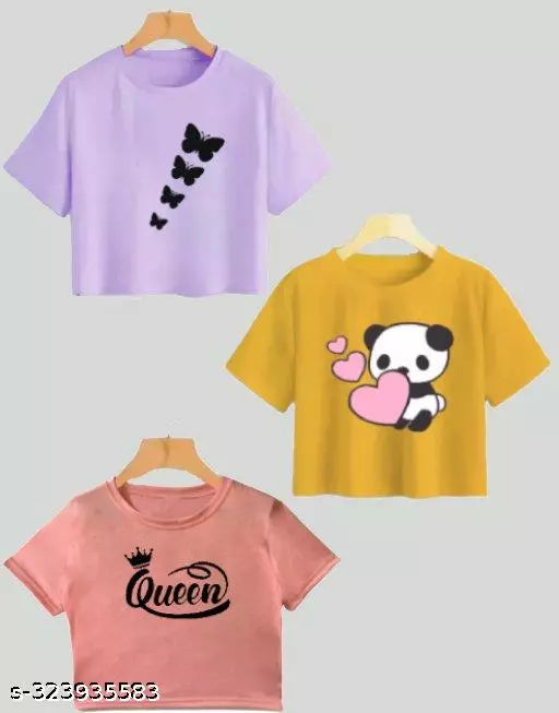 Trendy Feminine Printed Crop Tshirt Round Neck Top For Womens (Combo3)