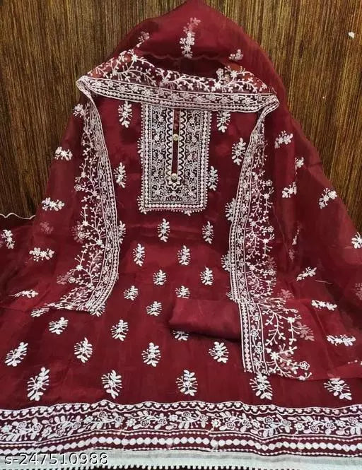 ORGANZA SILK BARFI WITH EMBROIDERED DOUBLE MULTI WORK DRESS MATERIAL SUIT FOR WOMEN