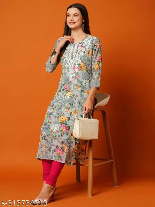 Anni Designer Women's Grey Straight Floral Embroidered Printed Kurti