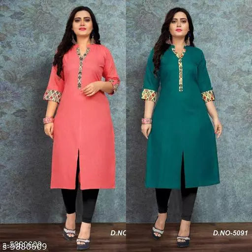 Women Cotton Front Slit Solid Kurti
