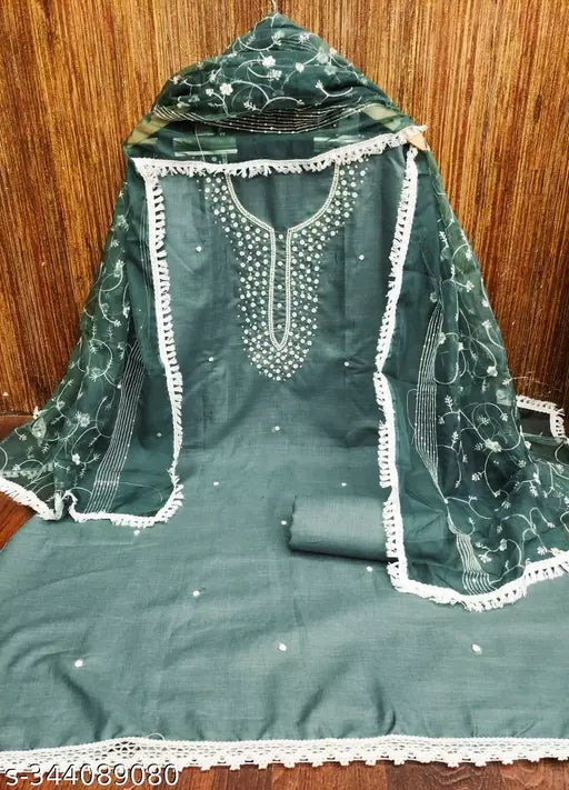 Cotton Hand Work Dress Material Suit for Womens with Organza Silk Work dupatta