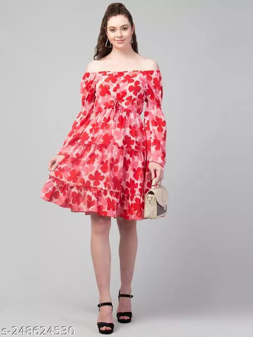 Red Flower Long Crepe Dress For Girls Womens