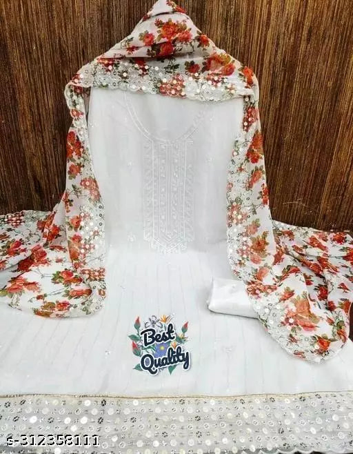New Arrival Super Hit Design Suits Women's White Floral Embroidered Georgette Suits & Dress Materials