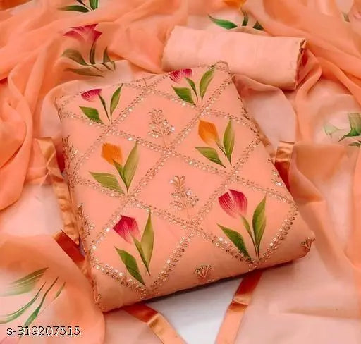 Aagyegi Sensational Orange Georgette Unstiched Patiala Party Wear Double Sequence Work Salwar Suits & Dress Materials