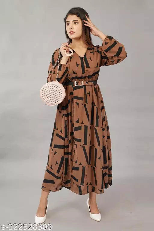 Full Sleeves Front Slit Printed Dress For Women