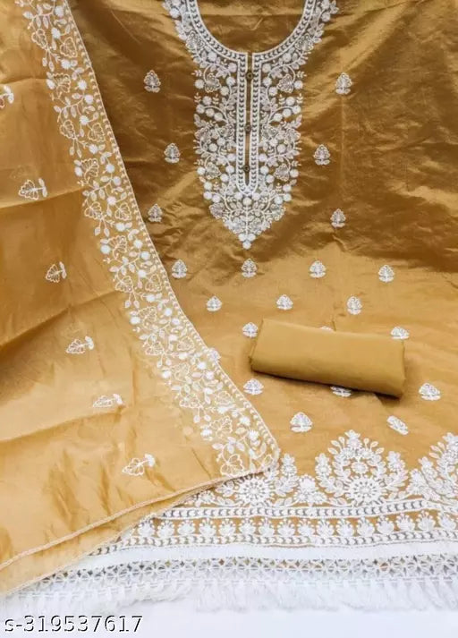Women's Heavy Cotton Embroidery Work Unstitched Salwar Suit Dress Material With Chanderi Work Dupatta