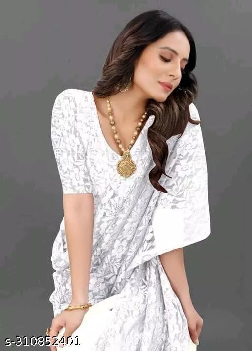 Belt Style Net White Ready To Wear Sarees With Unstich Blouse