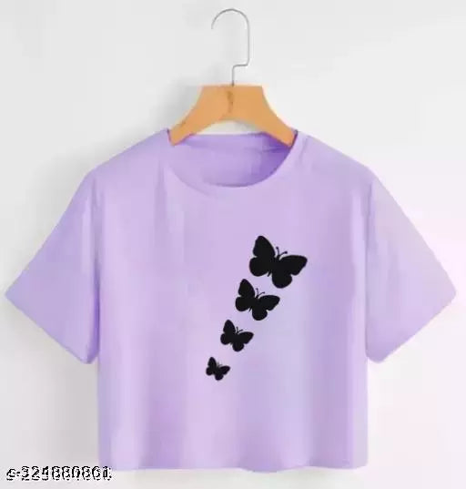 Trendy Feminine Printed Crop Tshirt Round Neck Top For Womens