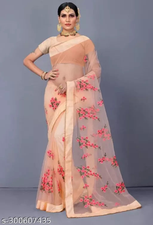 New Fancy Flower Net sarees with unstiched Blouse pieces With Moti work chicku Regular Colour