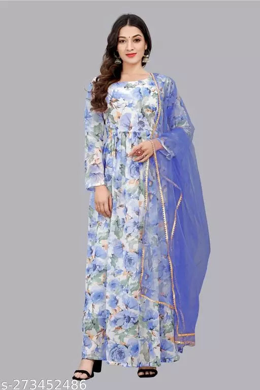 QVAZOR Stylish Fancy Trendy Printed Georgette Gown For Women For Party Wedding Festival Functions