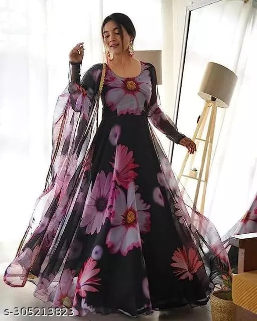 QVAZOR Stylish Fancy Trendy Printed Georgette Gown For Women For Party Wedding Festival Functions