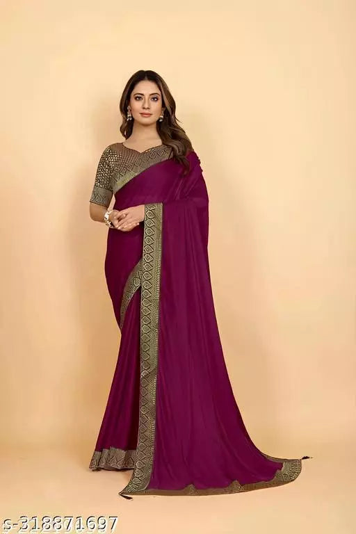 Bhagalpuri Soft Silk Black Lace border PURPLE Saree With NEW MAHARANI BLACK BORDER Blouse BY KRADDLE
