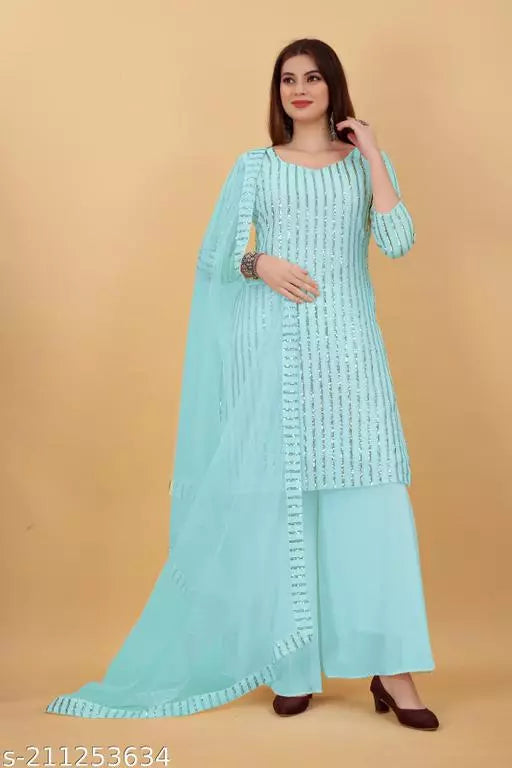 Women's Faux Georgette Sequence Embroidery Work Unstitched kurta(Dress Matirial) With Full Stitched Sharara and dupatta