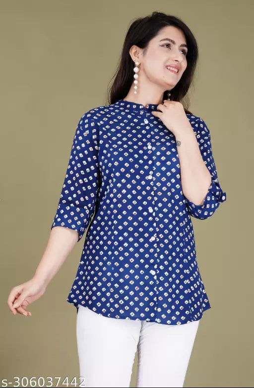 Shree Fashion Dark Blue Rayon Baandhej Print Top