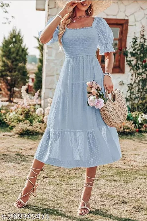 Georgette Smocked Midi Dress with Short Puff Sleeves and Square Neck
