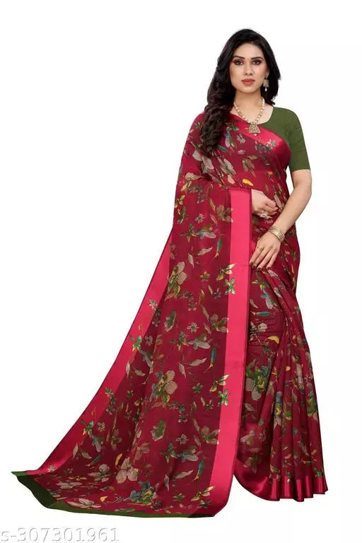 LIGHT WEIGHT BEST DESIGNER COMFERTABLE WEAR BEAUTIFUL SAREE ( CHANDERI COTTON- MIX LENIN) WITH BLOUSE