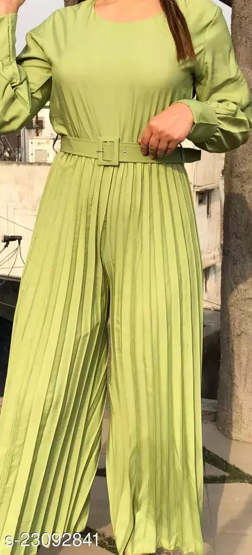 Trendy Full Sleeves Wide Leg Pleated Women Round Neck Jumpsuit