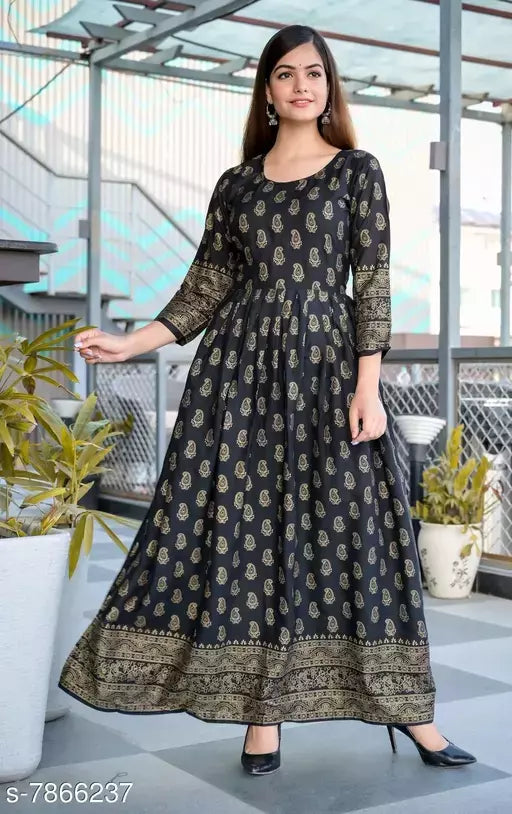 Women's Printed Rayon Long Anarkali Kurti
