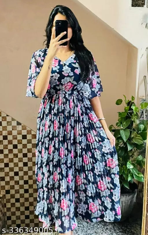 Women's Casual Fit And Flare Dress V Neck & Below Knee Georgette Printed Half Sleeve Summer Maxi Lenth Dress In Color Blue S SIZE IS 36 M -38====L 40=