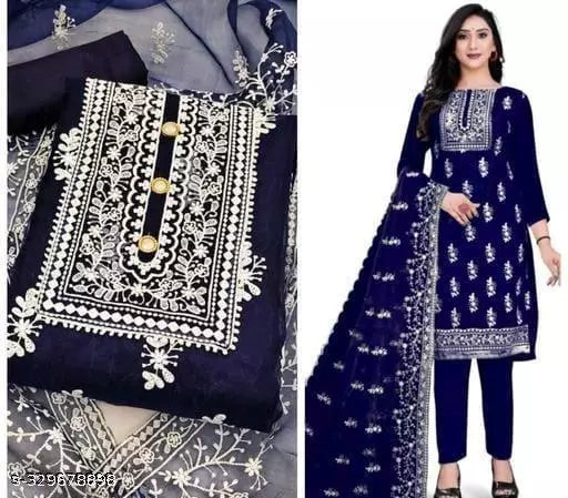 Women's Designer Chainstich Embroidered Multiwork Double Sequence Blue Floral Embroidered Organza Suits & Dress Materials