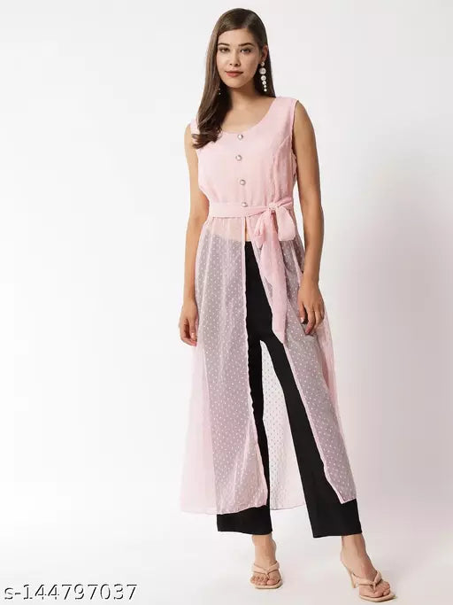 Vivient Woman Peach Doted front Slit Cut Long Dress