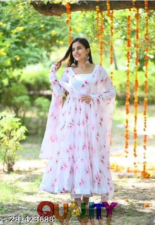 women printed long gown with dupatta