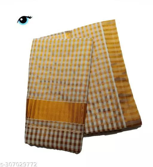 CHECKS ALL OVER REAL HAND WOOVEN KERALA KASAVUE PURE COTTON ART SILK SAREE