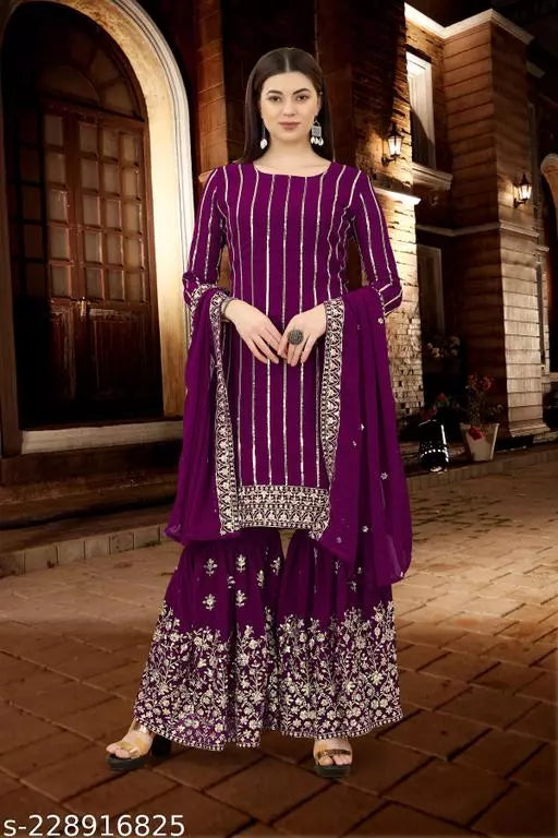 New Look Fox Georgette With Embrodery Work Sharara Top With Dupatta Semistiched