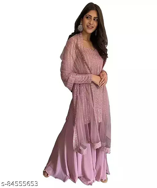Women's Pink Stripe Embellished Georgette Semi Stitched Suits