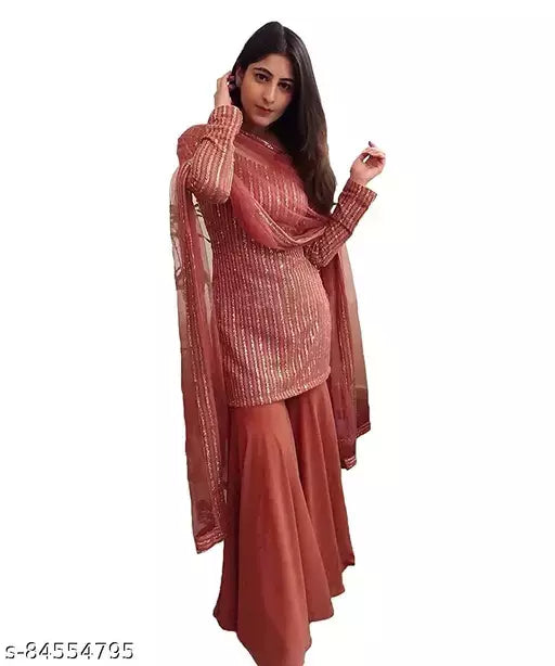 Women's Rust Stripe Embellished Georgette Semi Stitched Suits